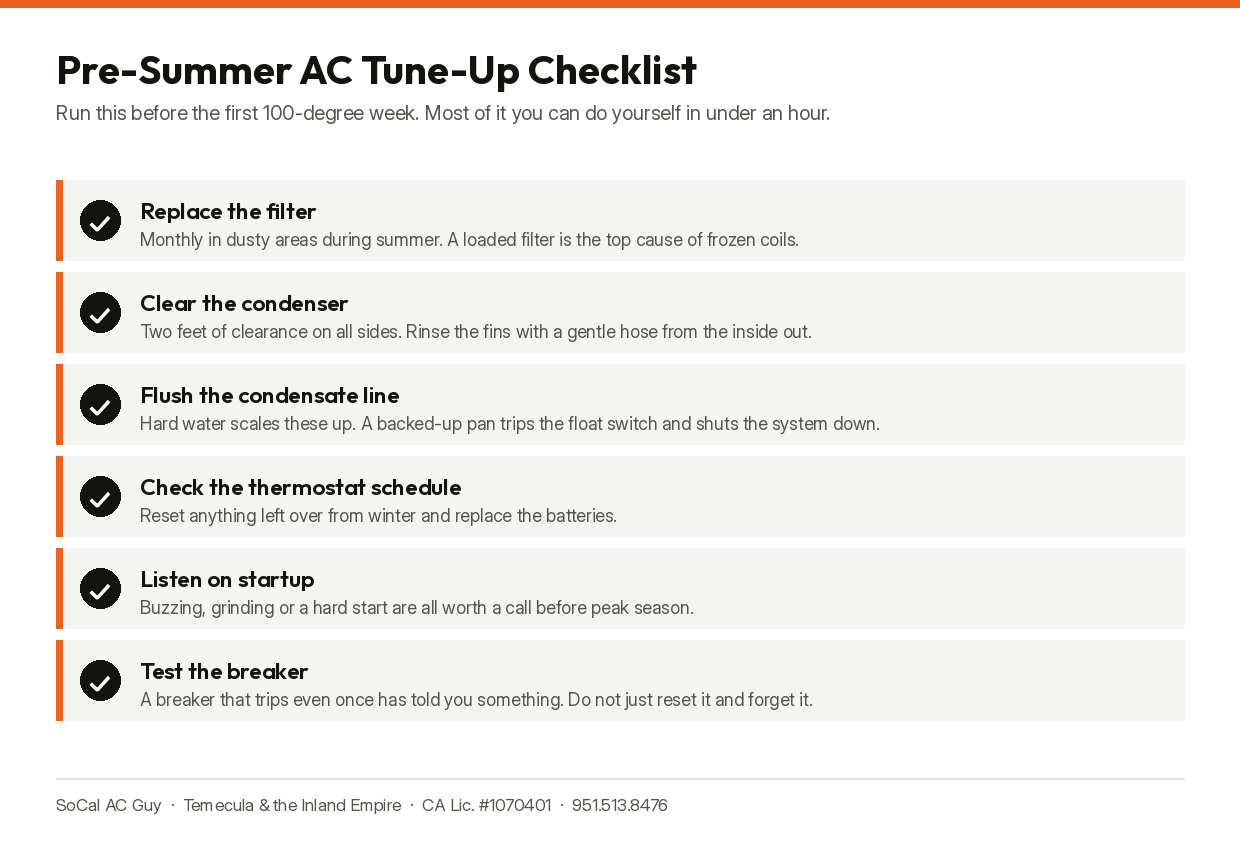 Pre-summer AC tune-up checklist for Inland Empire homeowners.